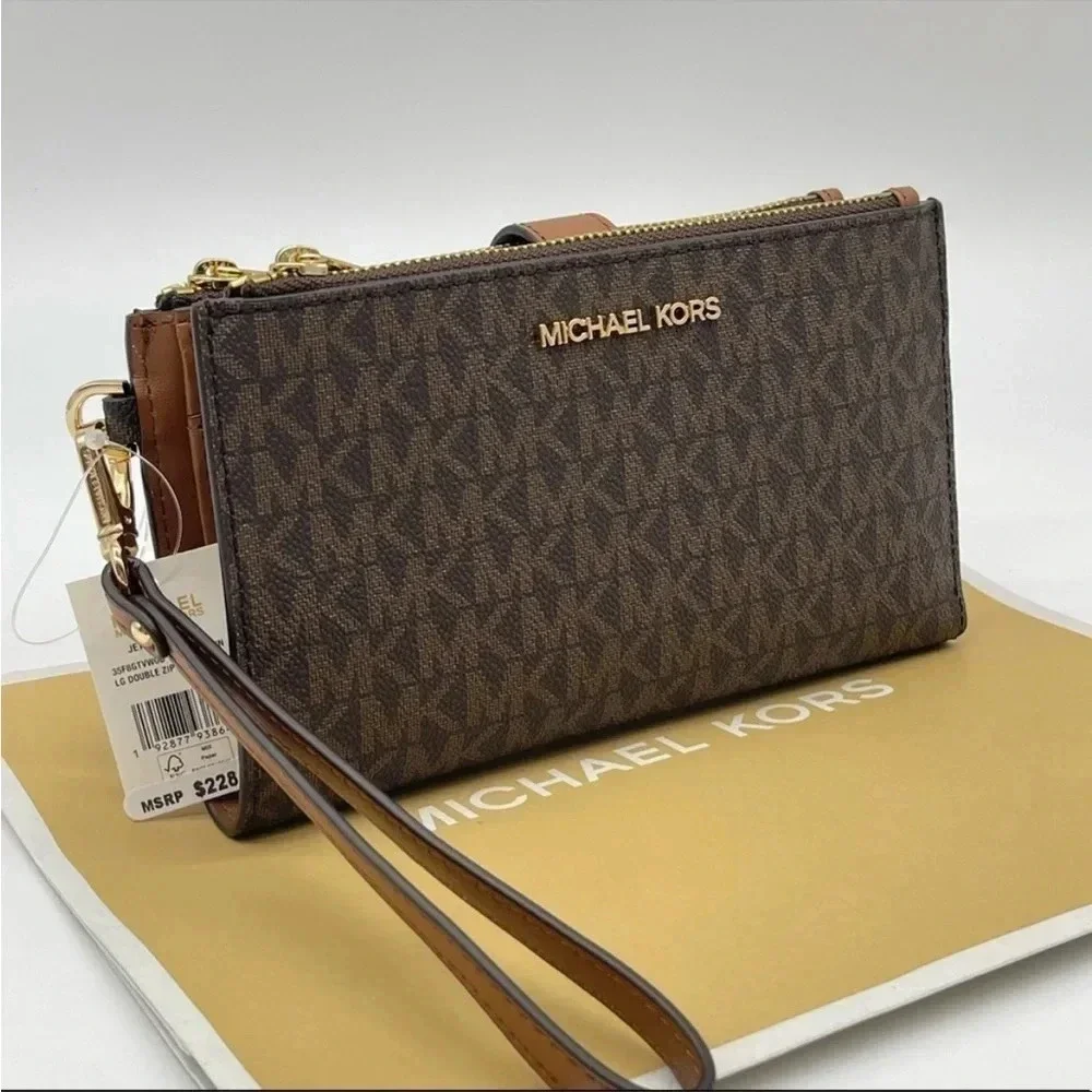 Michael Kors Large Double Zip Wallet Wristlet Leather Rich Brown